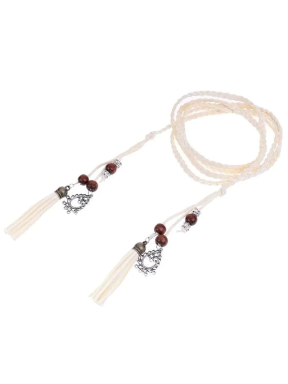 White/Beige Braided Wrap-Around Waist Belt With Tassels & Metal Charms